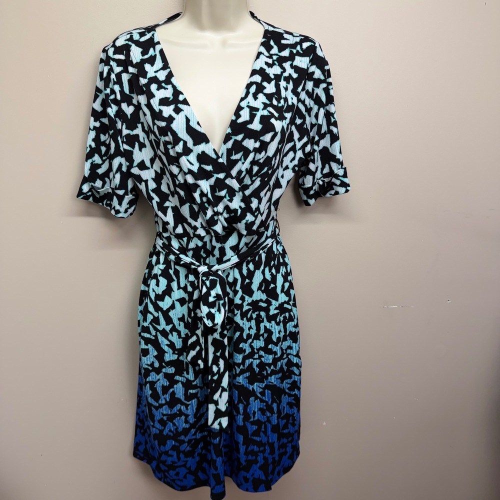 Apt. 9 Womens Small Blue Ombre Abstract Faux‎ Wrap Dress Short Sleeve V-Neck